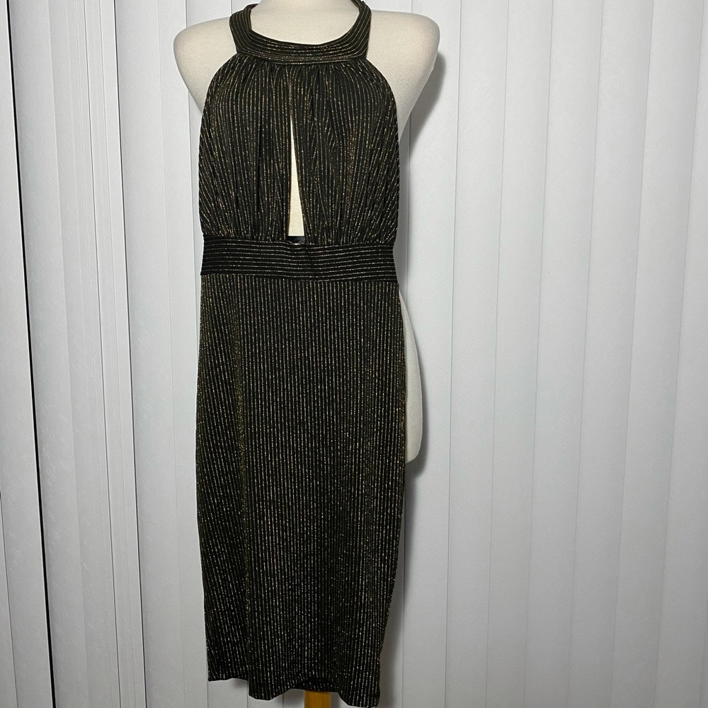 EUC Diosa Halter Backless Black with metallic gold dress D5-60